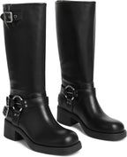 Women's Knee High Moto Boots with Buckles, Chunky Heel