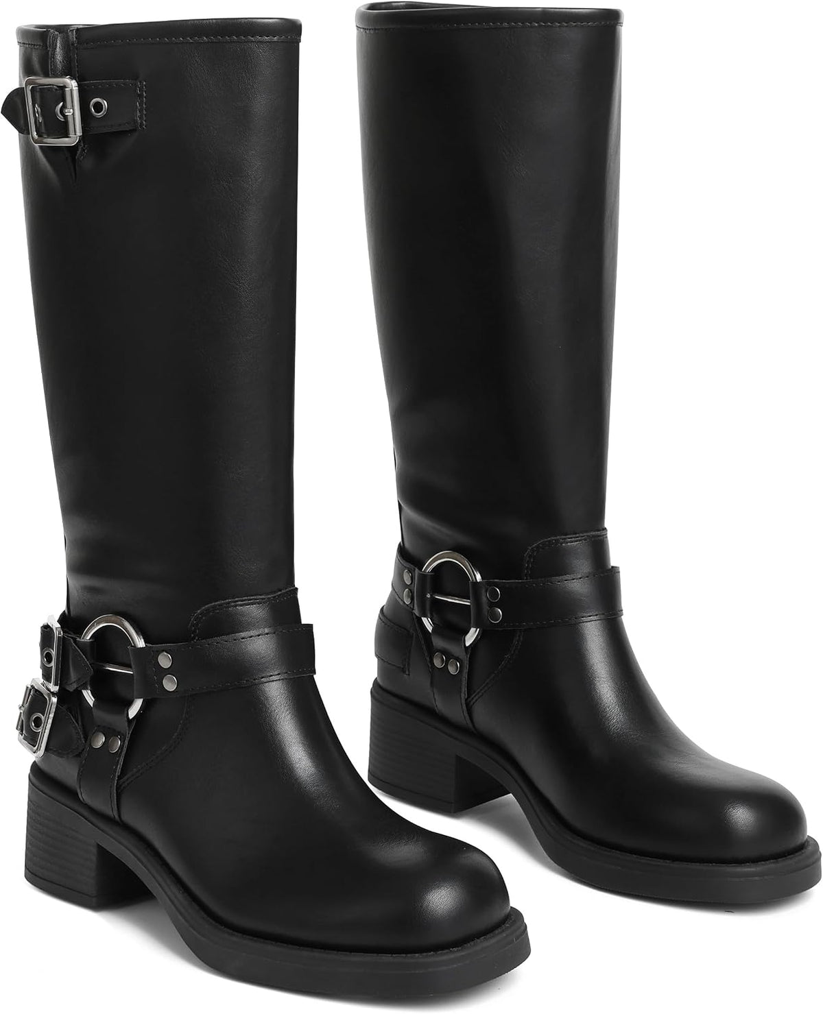Women's Knee High Moto Boots with Buckles, Chunky Heel