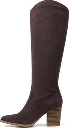 Women's Suede Knee High Boots with Block Heel & Side Zip