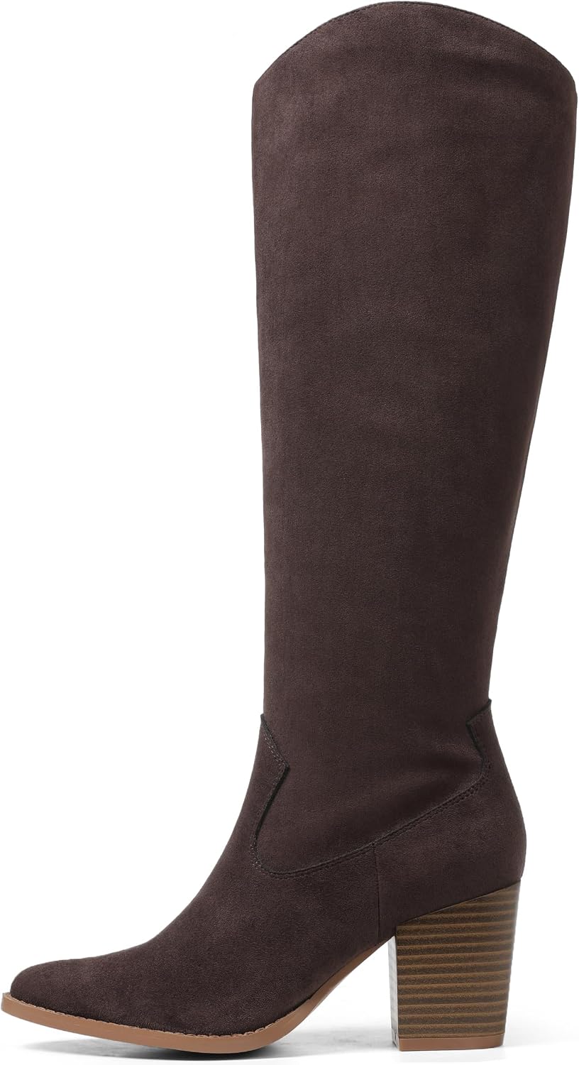 Women's Suede Knee High Boots with Block Heel & Side Zip
