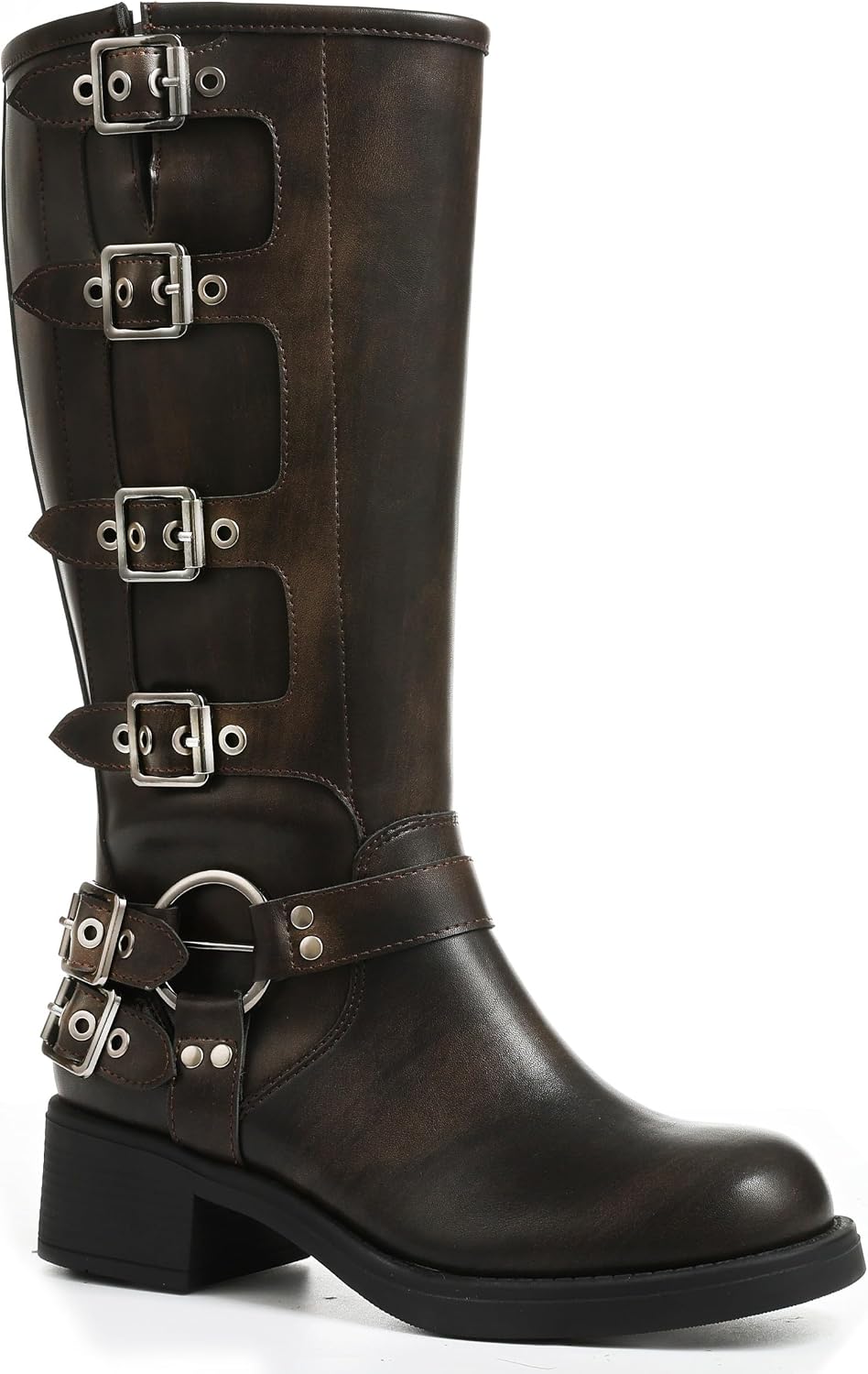 Women's Knee High Moto Boots with Buckles, Chunky Heel