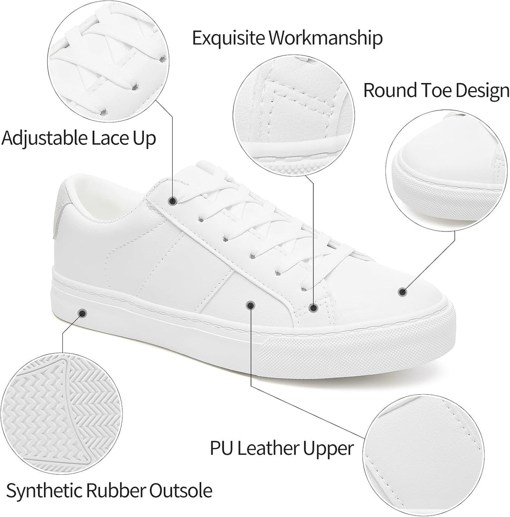 Women's White Low Top Sneakers, PU Leather Lace-Up Shoes