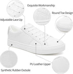 Women's White Low Top Sneakers, PU Leather Lace-Up Shoes