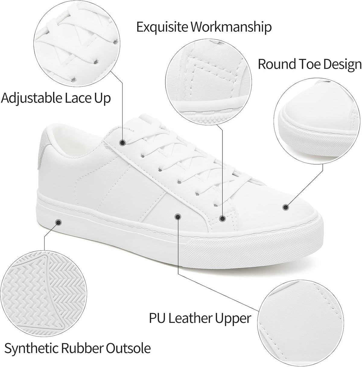 Women's White Low Top Sneakers, PU Leather Lace-Up Shoes