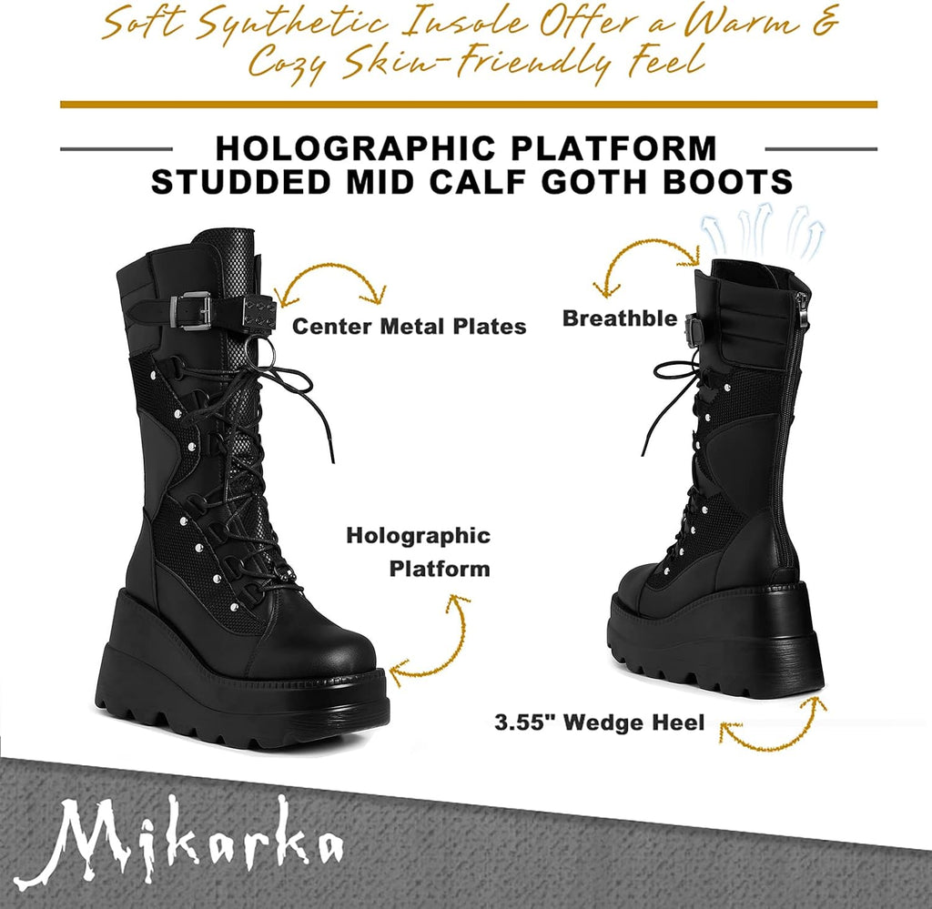 Holographic Platform Combat Boots for Women, Goth Style