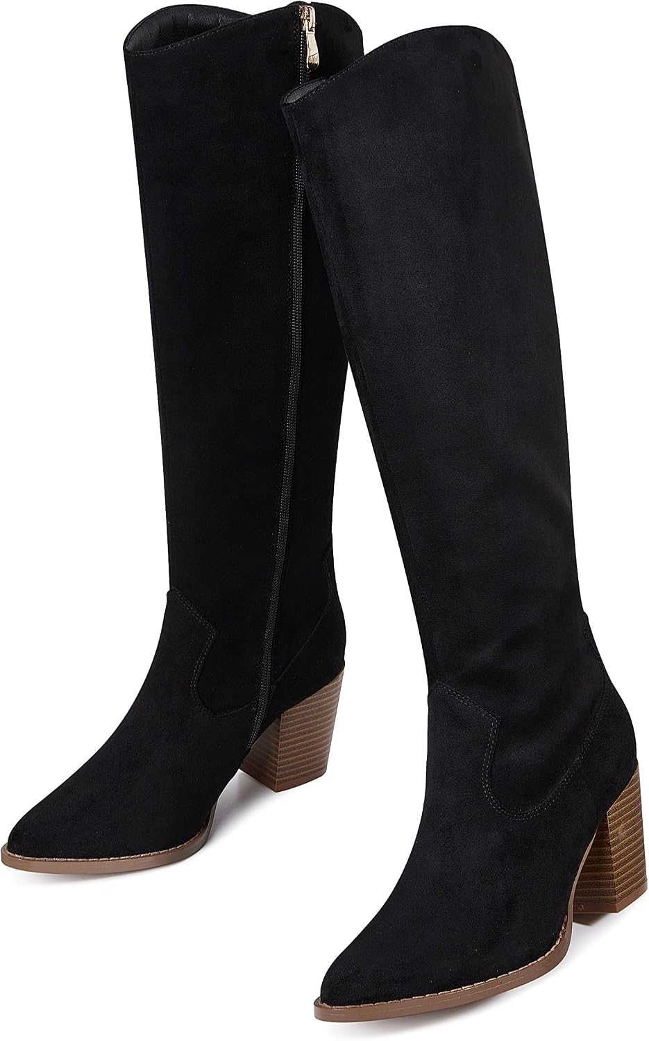 Women's Suede Knee High Boots with Block Heel & Side Zip