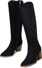 Women's Suede Knee High Boots with Block Heel & Side Zip