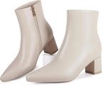 Women's Chunky Heel Ankle Boots, Pointed Toe Leather Booties