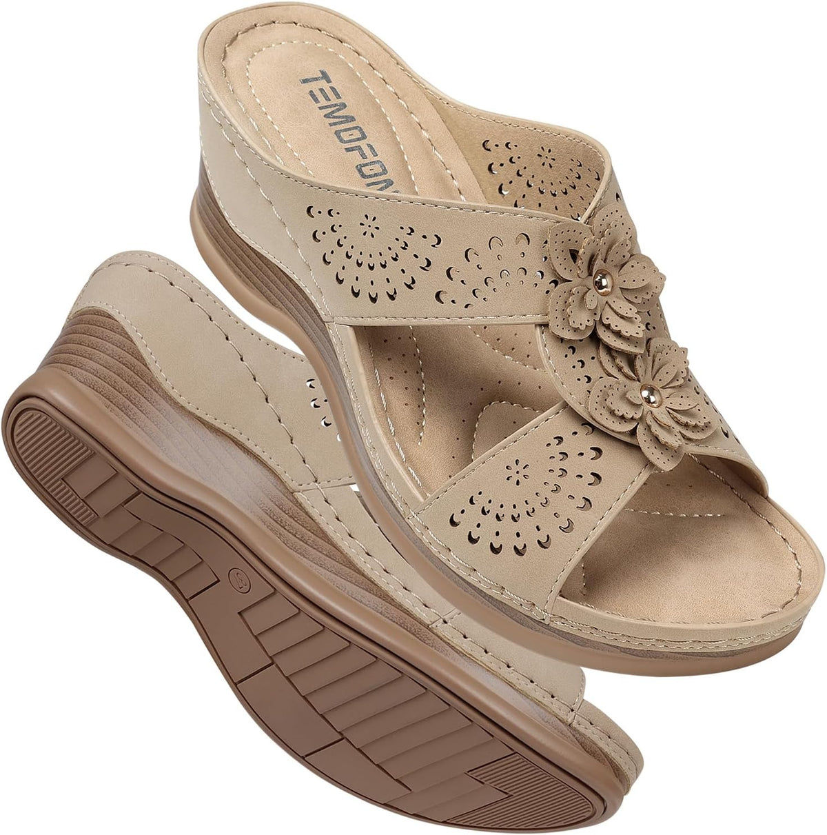 Women's Leather Low Wedge Sandals, Open Toe Slide