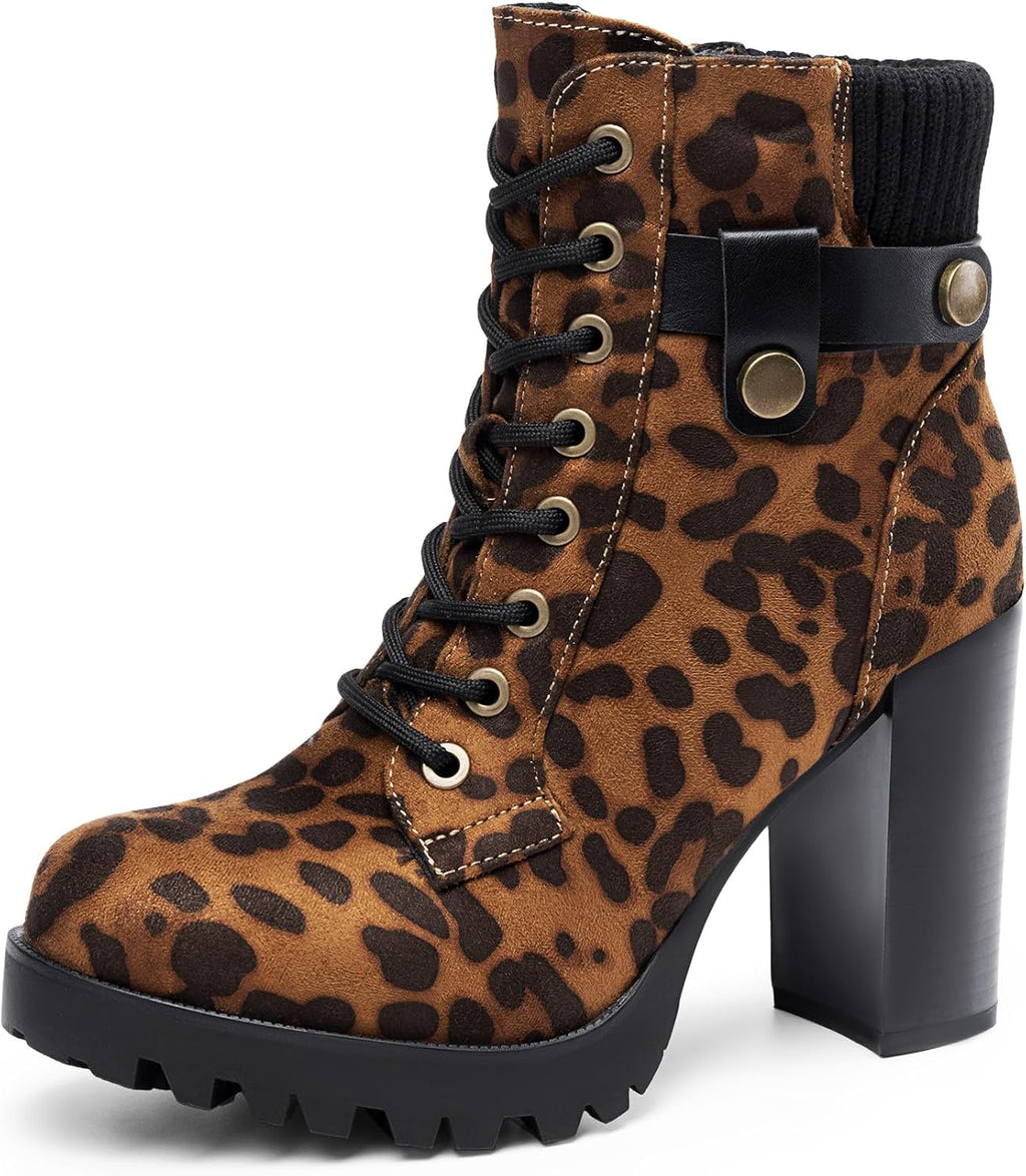 Women's Chunky Heel Lace-Up Combat Ankle Boots, Vegan Leather