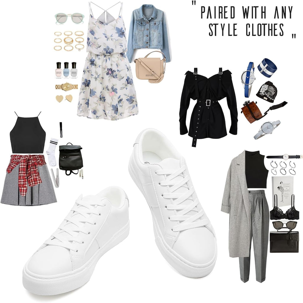 Women's White Low Top Sneakers, PU Leather Lace-Up Shoes