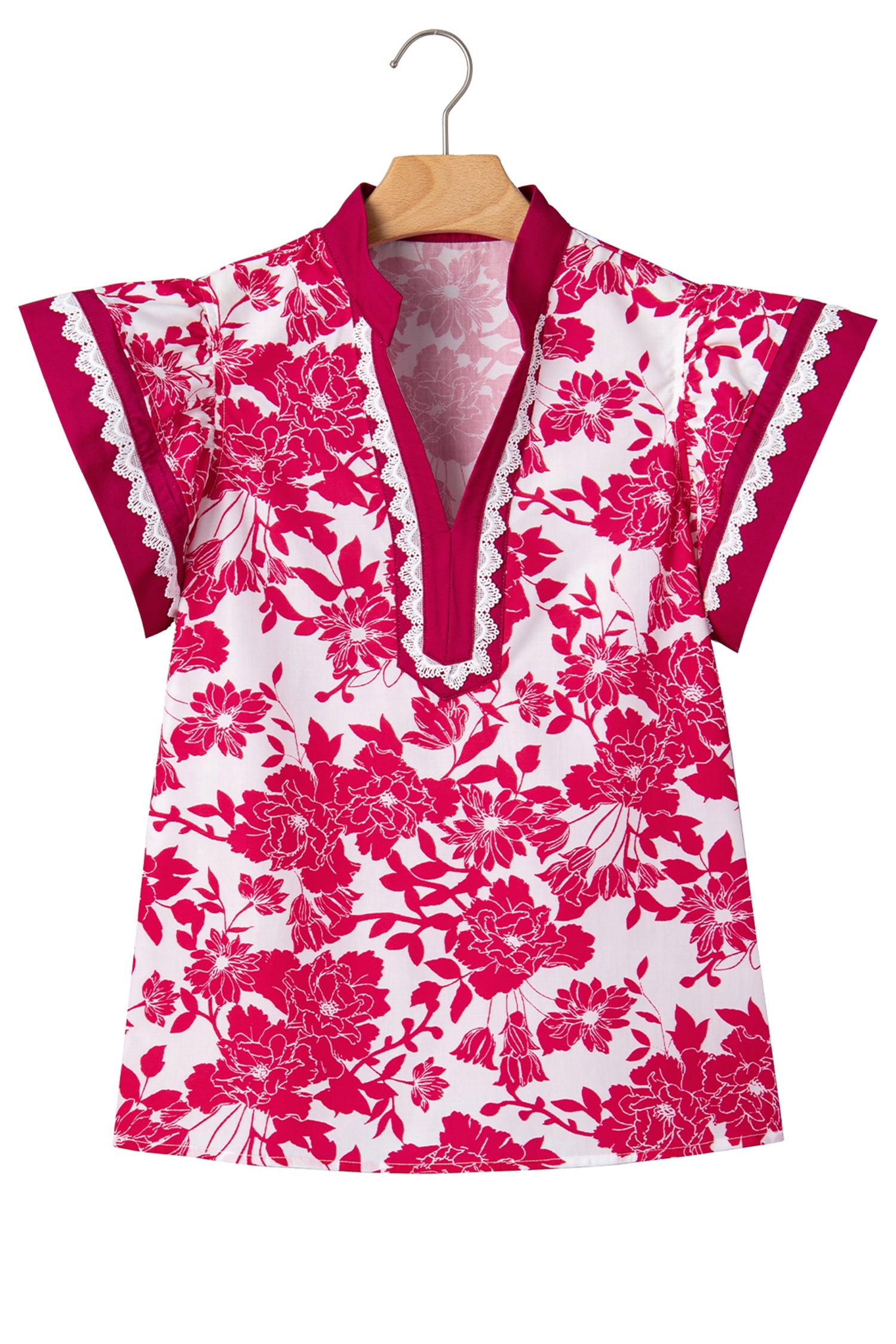 Floral Colorblock Lace V-Neck Flutter Sleeve Blouse