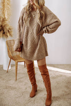 Parchment Cable Knit Drop Shoulder Loose Fit Sweater Dress - VacationGrabs