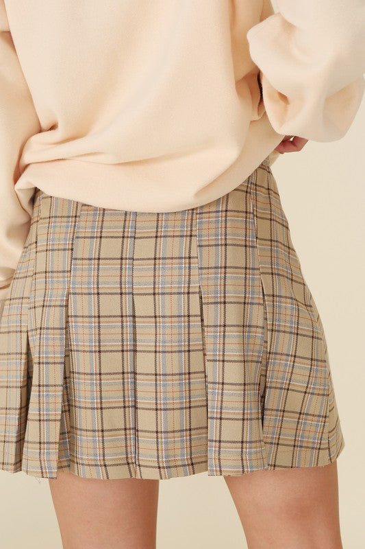 Women's SkirtsBeige Check Plaid Pleated Mini Skirt - VacationGrabs