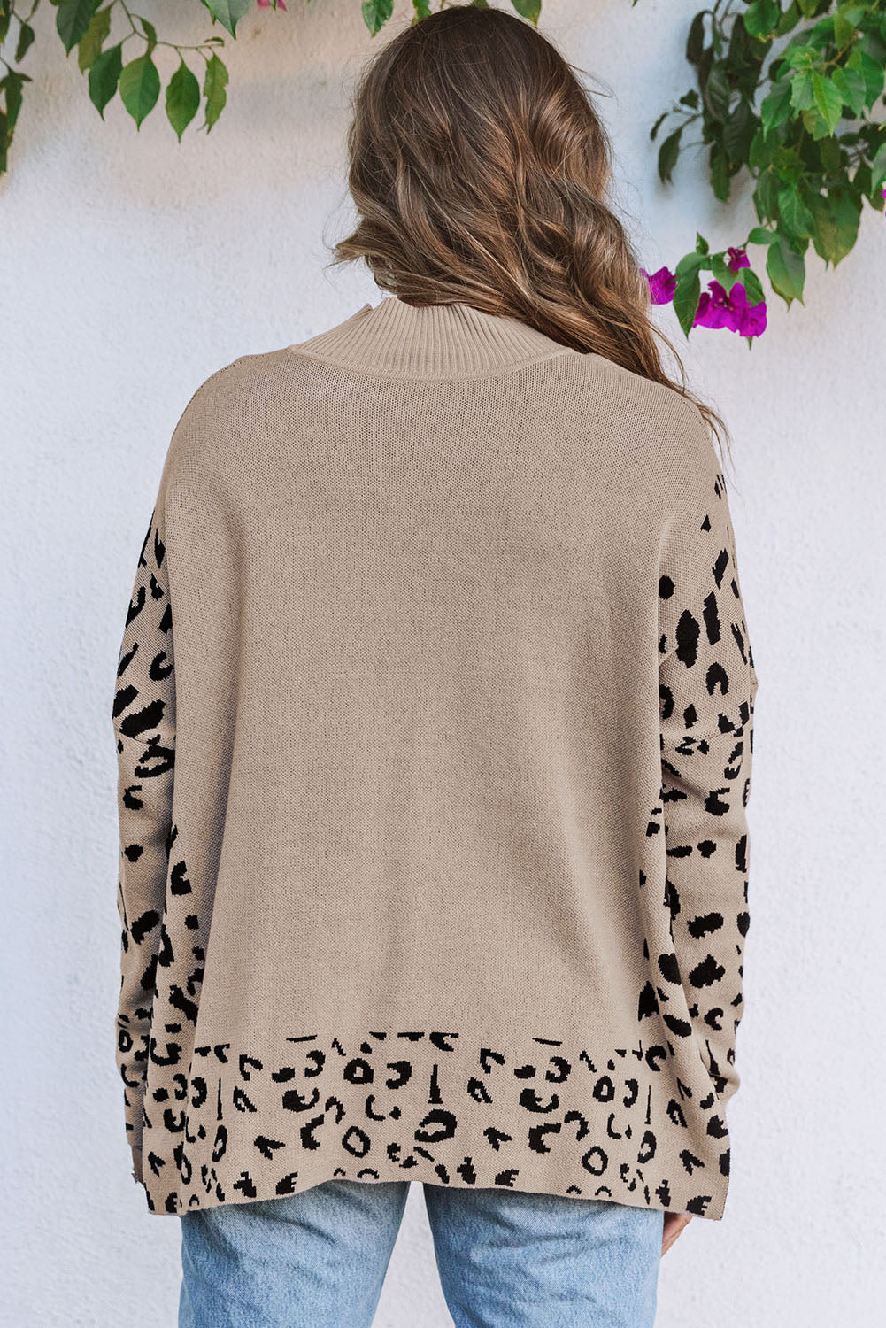 Women's SweatersKhaki Leopard High Neck Side Slit Oversized Sweater - VacationGrabs