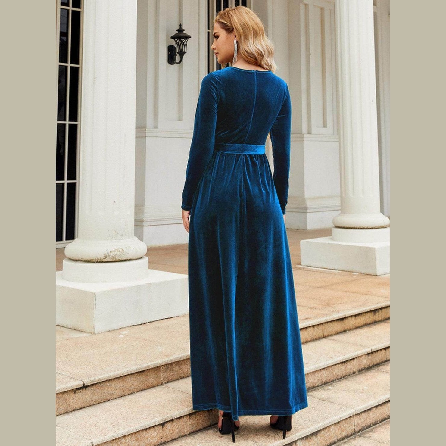 Tie Front Round Neck Long Sleeve Maxi Dress - VacationGrabs