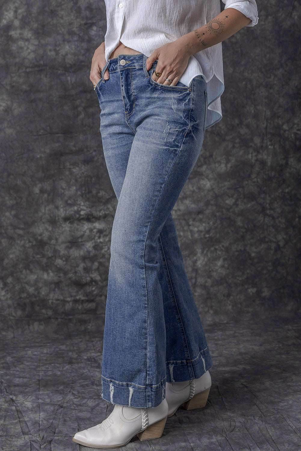 Sky Blue Slight Distressed Medium Wash Flare Jeans - VacationGrabs