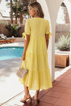 Gingham Textured Bow Tie Tiered Midi Dress