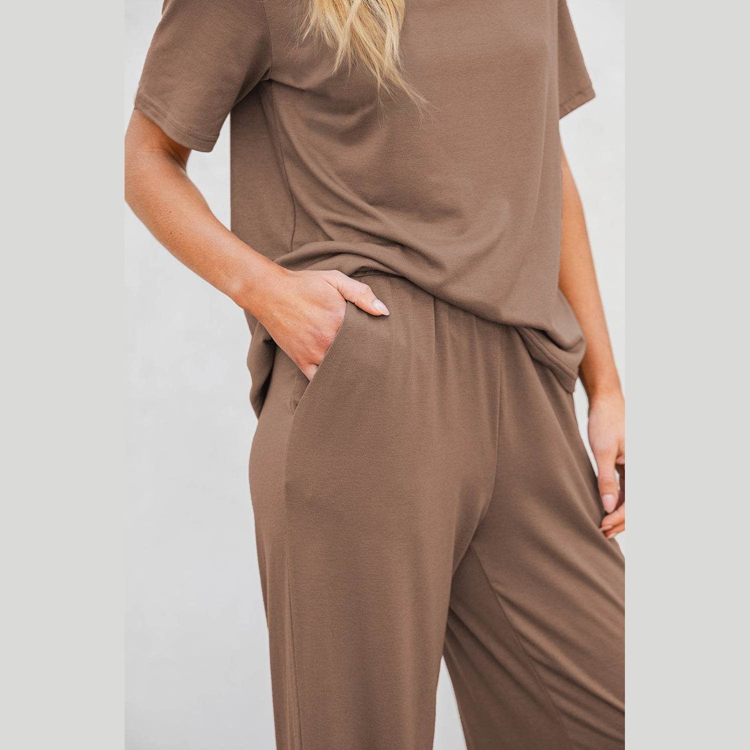 Smoke Gray Solid Color T Shirt 2pcs Wide Leg Pants Set - VacationGrabs