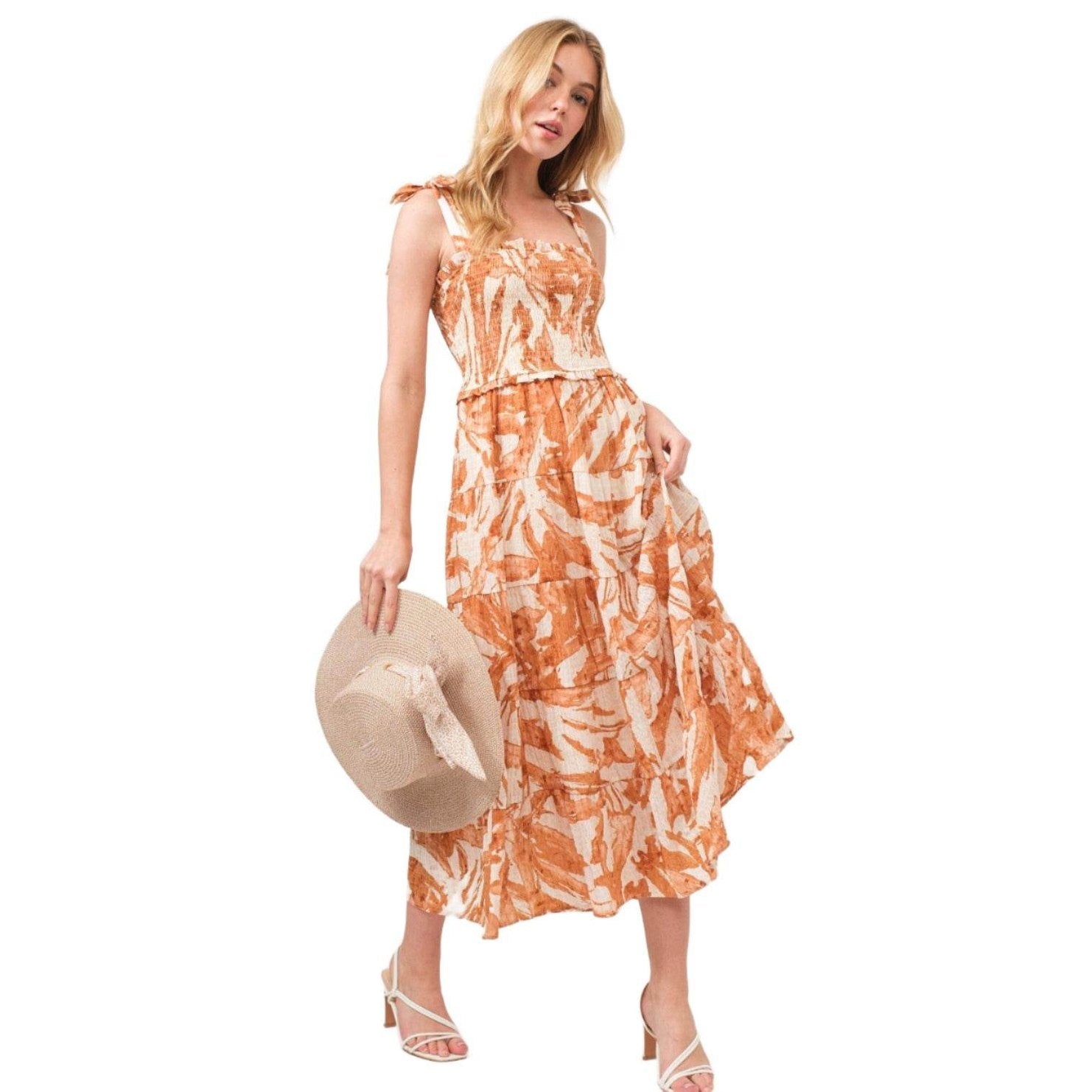And The Why Tie Shoulder Smocked Midi Tiered Dress - VacationGrabs