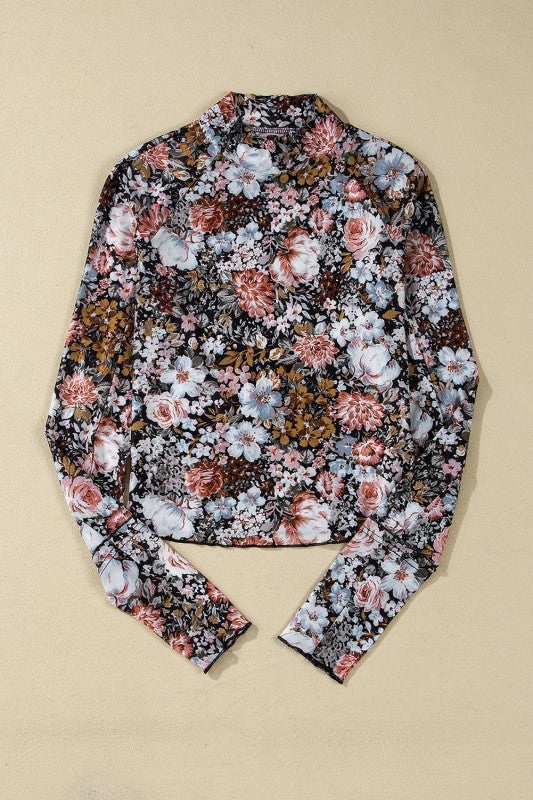 JUNIPER BLVD mock neck floral blouse for women in vibrant colors with long sleeves