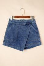 Solid Denim Faux Wrap Mini Skort
