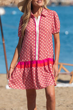 Floral Geometric Colorblock Ruffle Hem Dress