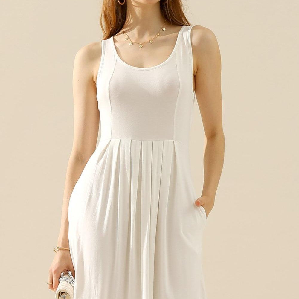 Women's Dresses Doublju Full Size Round Neck Ruched Sleeveless Dress with Pockets