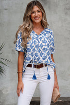 Geometric Tassel Tie V-Neck Short Sleeve Blouse
