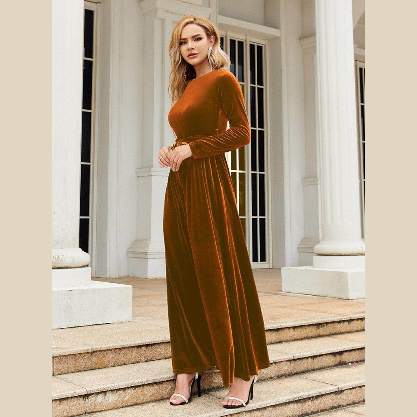 Tie Front Round Neck Long Sleeve Maxi Dress - VacationGrabs