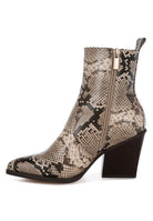 Rag Company stylish vacation ankle boots in snake print with a zip closure and stylish block heel