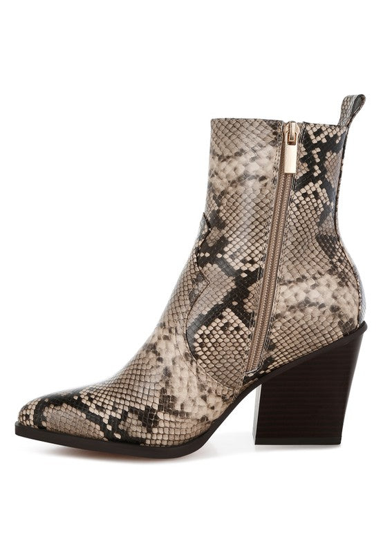 Rag Company stylish vacation ankle boots in snake print with a zip closure and stylish block heel