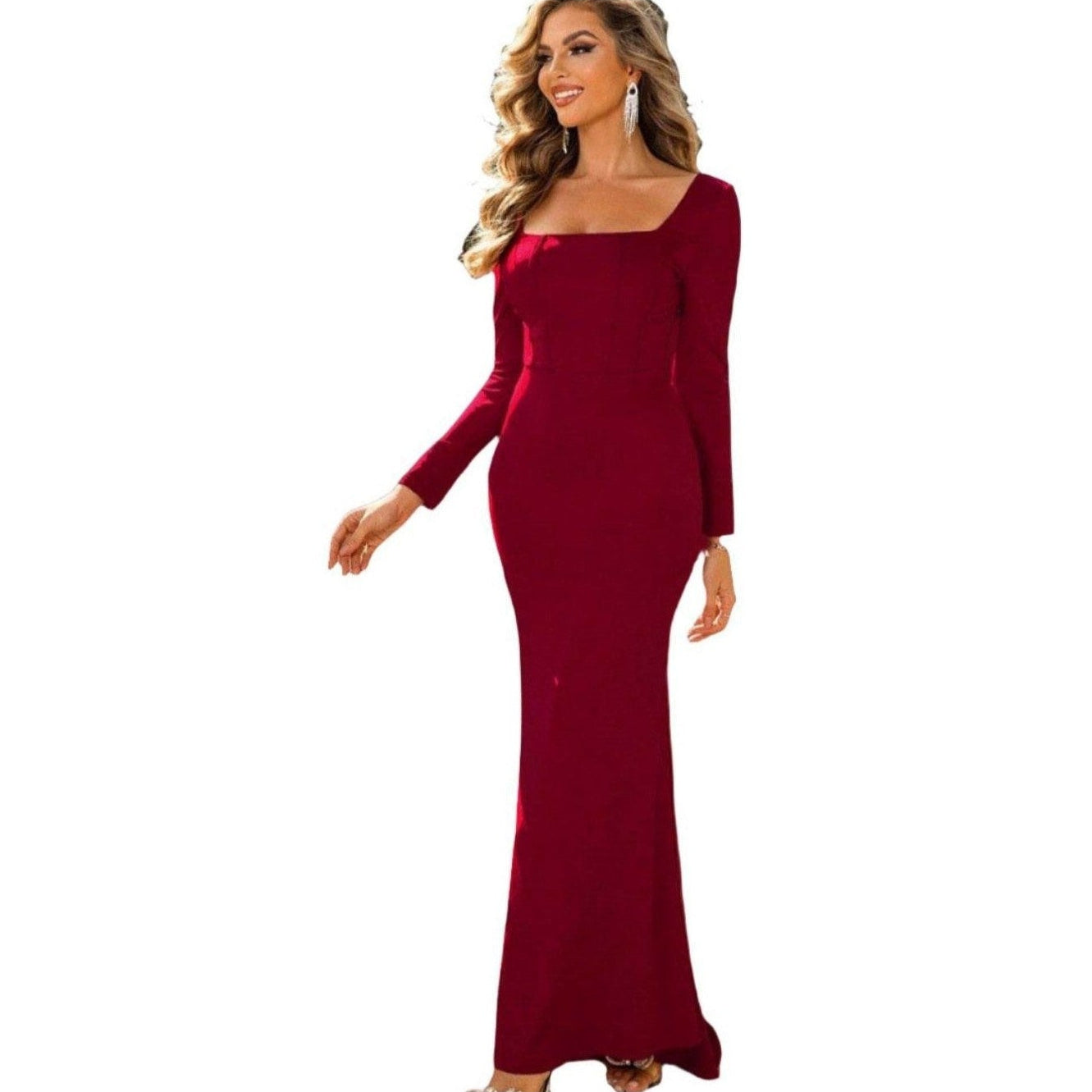 Square Neck Long Sleeve Dress - VacationGrabs