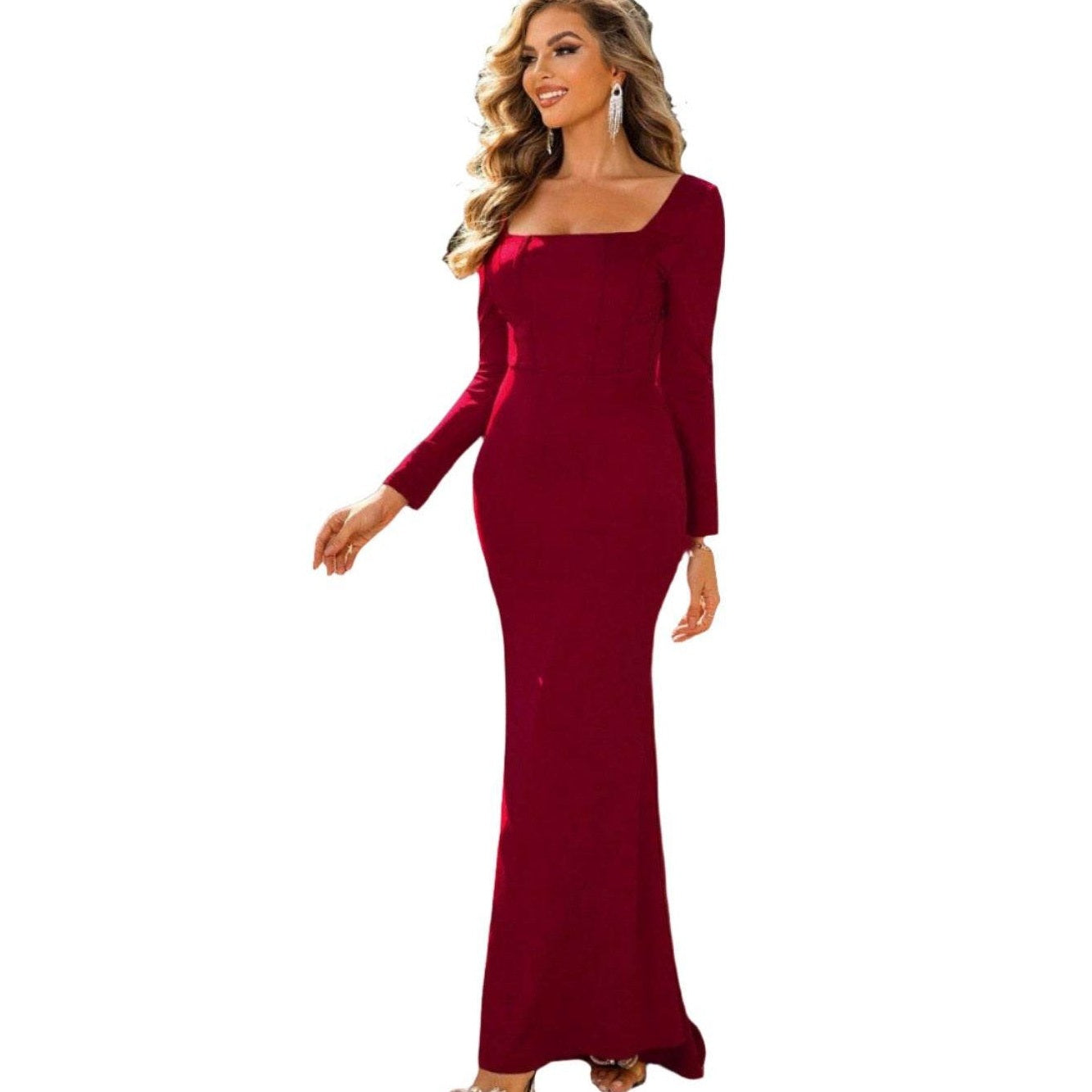 Square Neck Long Sleeve Dress - VacationGrabs