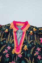 Floral Contrast Trim Tiered Ruffle Short Sleeve Blouse