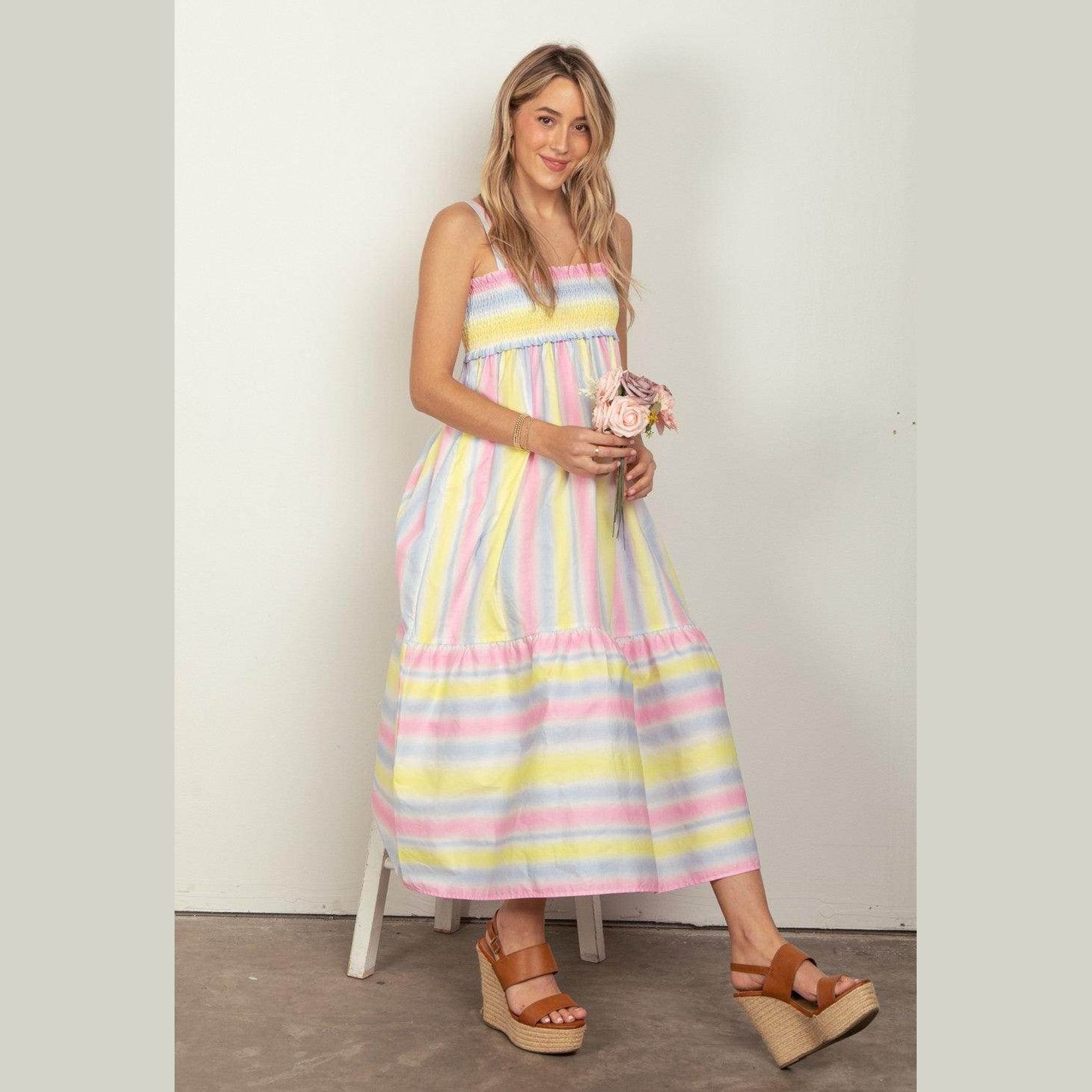 VERY J Striped Woven Smocked Midi Cami Dress - VacationGrabs