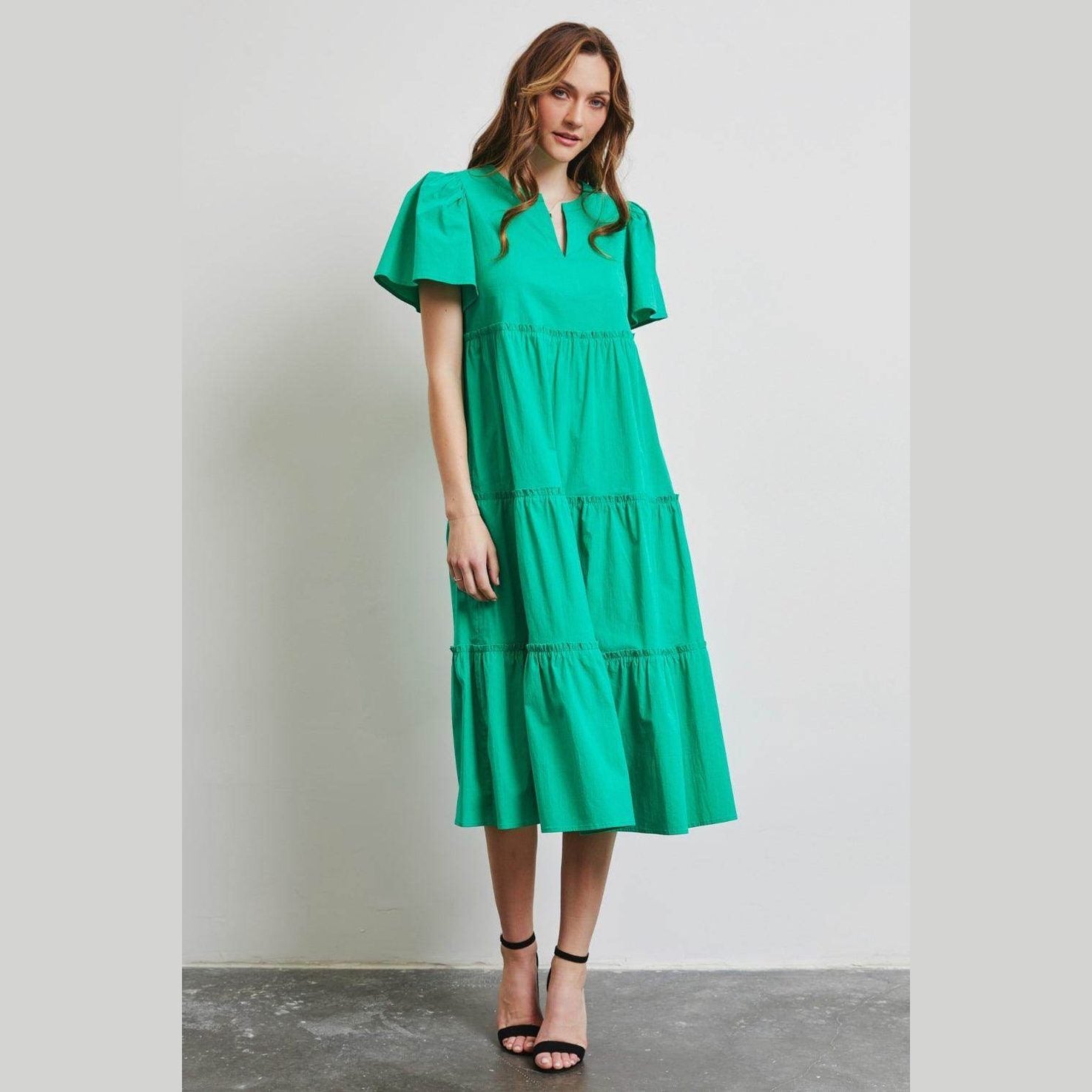 HEYSON Full Size Cotton Poplin Ruffled Tiered Midi Dress - VacationGrabs