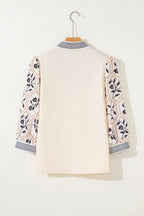 Floral Patchwork Contrast V-Neck Puff Sleeve Blouse