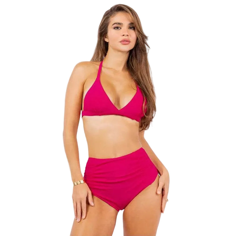 Two Piece High Waist With Rughe Front - VacationGrabs