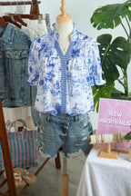 Floral Stripe Contrast V-Neck Puff Sleeve Blouse