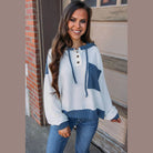 White Corded Colorblock Patch Pocket Drawstring Hooded Top - VacationGrabs