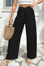 Solid Textured Crossed Waist Wide Leg Pants