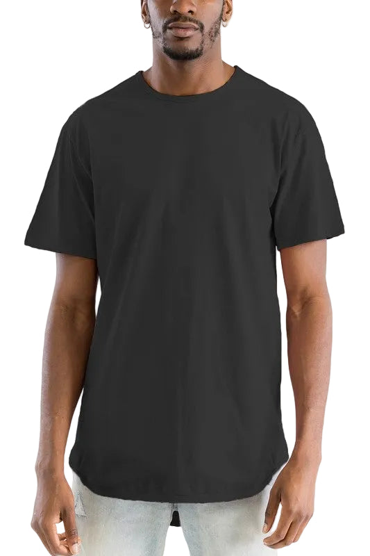 Man wearing a black t-shirt against a white background
