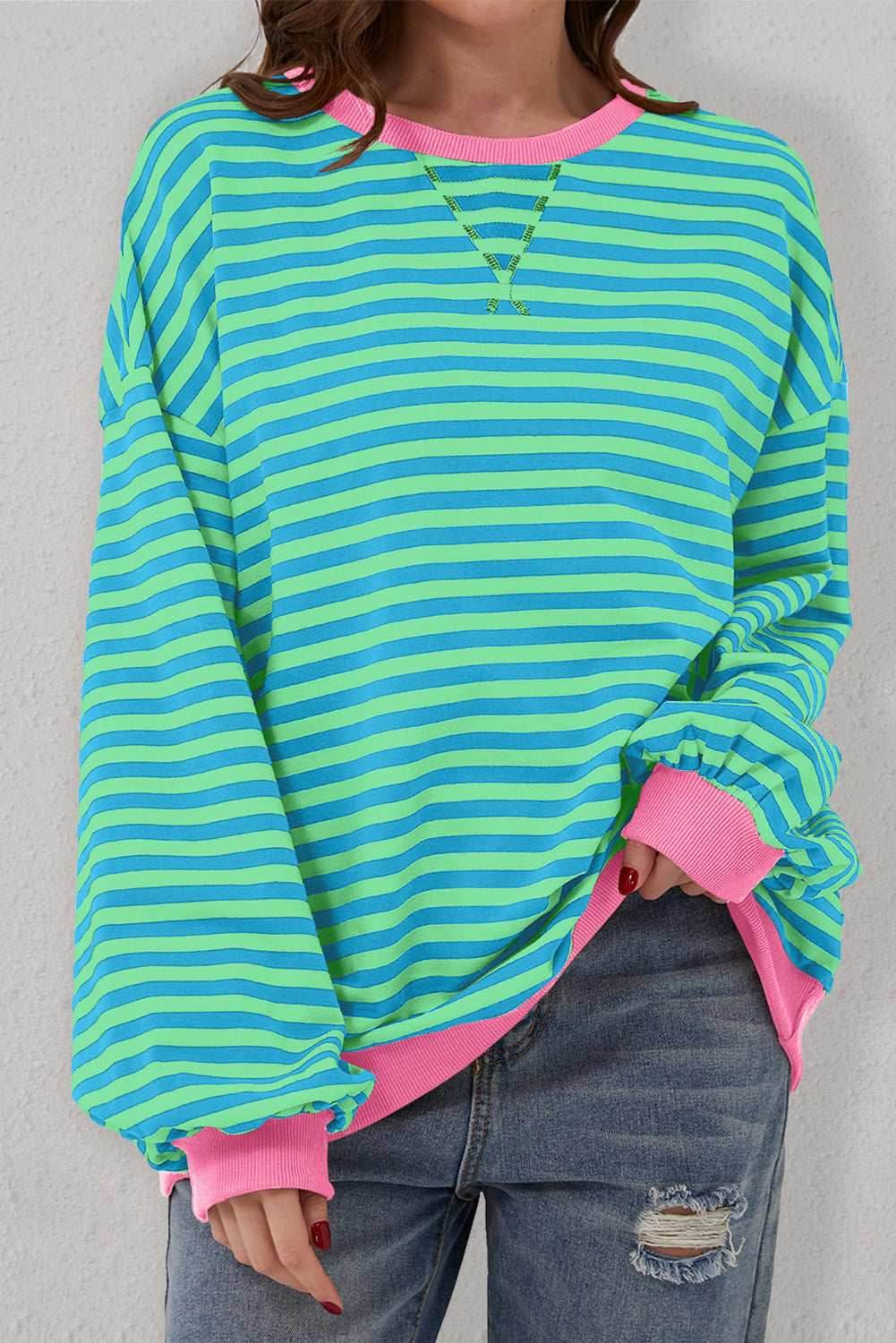 Sky Blue Stripe Oversized Contrast Trim Pullover Sweatshirt - VacationGrabs