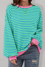 Sky Blue Stripe Oversized Contrast Trim Pullover Sweatshirt - VacationGrabs