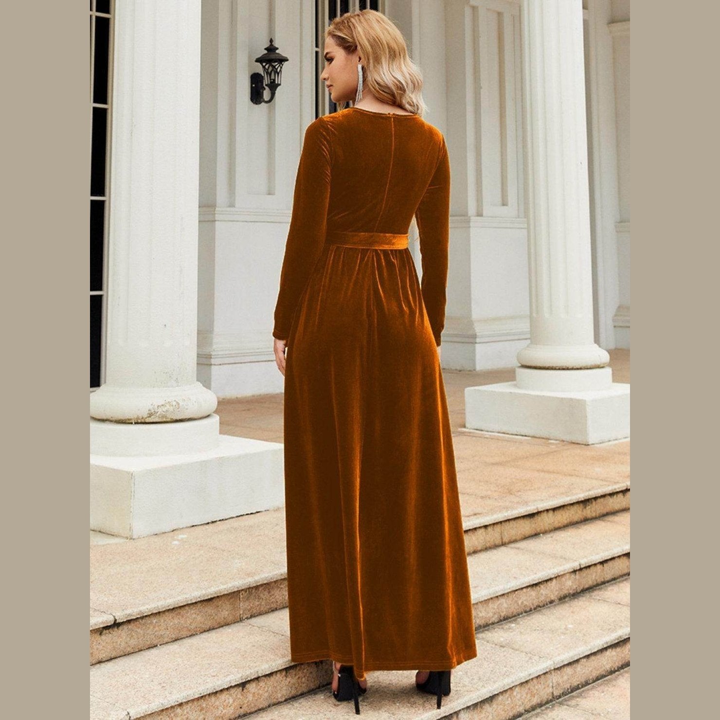 Tie Front Round Neck Long Sleeve Maxi Dress - VacationGrabs