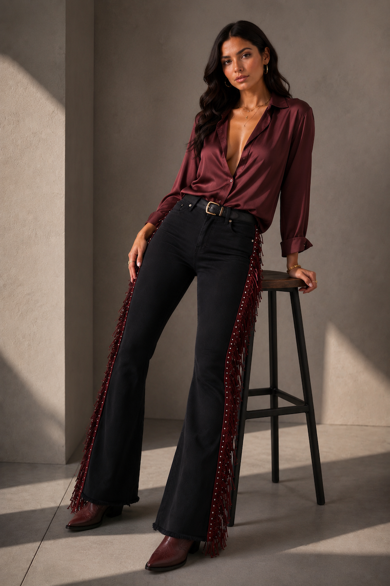 Texas Sun Bell Bottom Jean Black/Burgundy