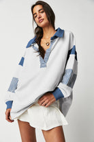 Women's Sweatshirts & HoodiesDark Blue Striped Colorblock Patchwork Collar Sweatshirt - VacationGrabs