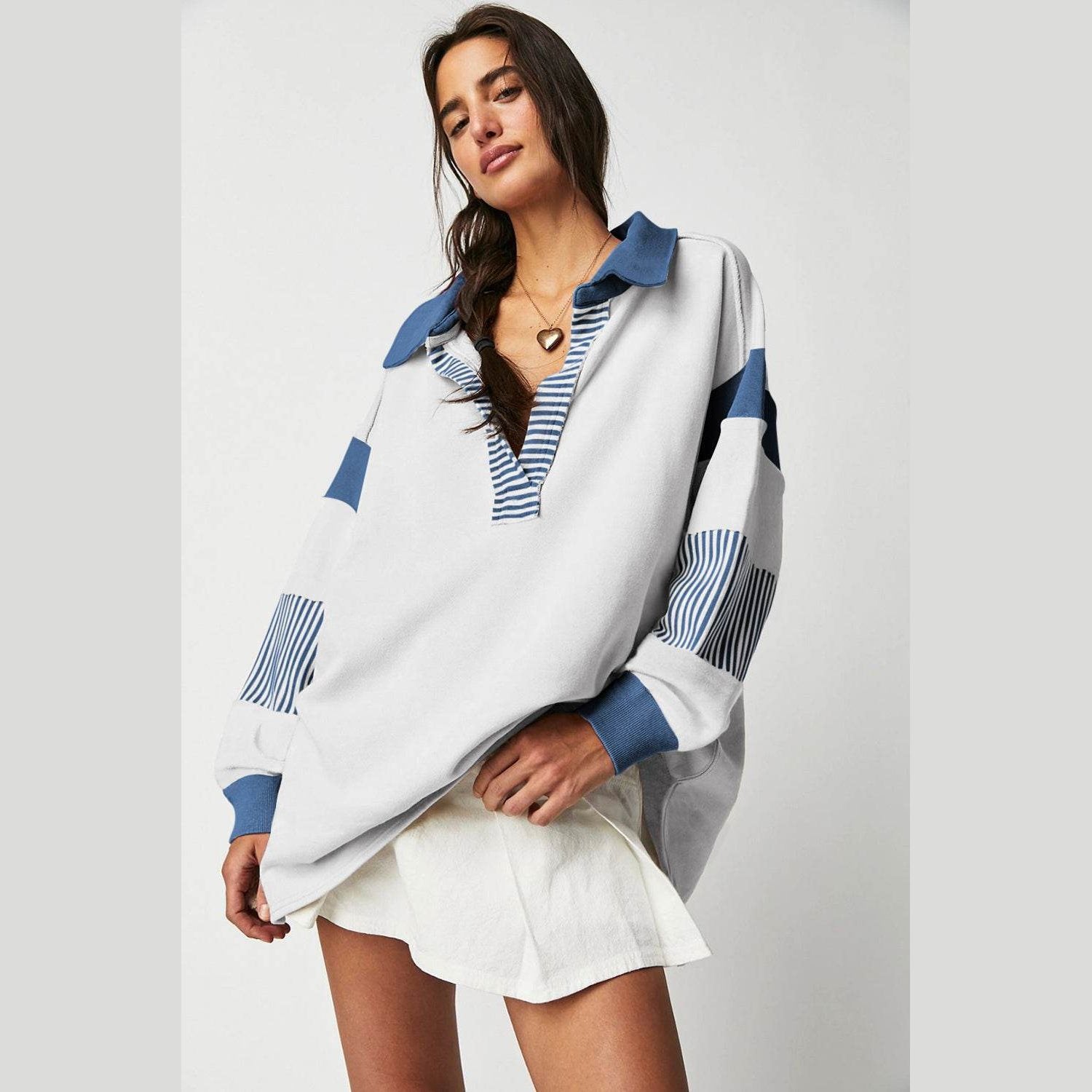 Dark Blue Striped Colorblock Patchwork Collar Sweatshirt - VacationGrabs
