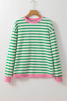 Bright Green Striped Contrast Edge Long Sleeve Top - VacationGrabs